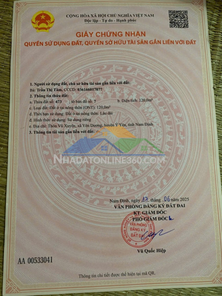 Đầu tư là sinh lời - chính chủ cần bán lô đất mặt tiền thôn vũ xuyên, xã yên dương, ý yên - nam định