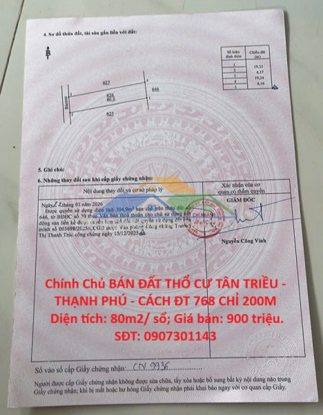 Chính chủ bán đất thổ cư tân triều - thạnh phú - cách đt 768...
