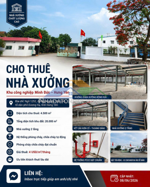 Cho thuê nhà xưởng - giá tốt - vị trí đắc địa tại kcn minh đức, hưng yên