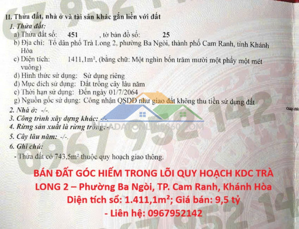 Bán đất góc hiếm trong lõi quy hoạch kdc trà long 2 – phường ba ngòi, tp. cam ranh, khánh hòa