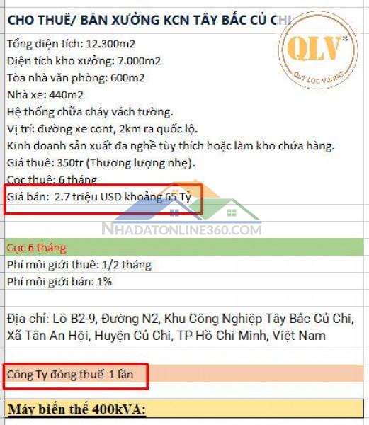 CHO THUÊ / BÁN NHÀ XƯỞNG MAY MẶC – KCN TÂY BẮC CỦ CHI, TP.HCM...