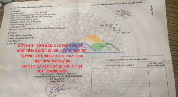 Hot hot –cần bán 3 lô đất liền kề – mặt tiền quốc lộ 12b – vị trí đẹp tại quỳnh lưu, nho quan, ninh bình