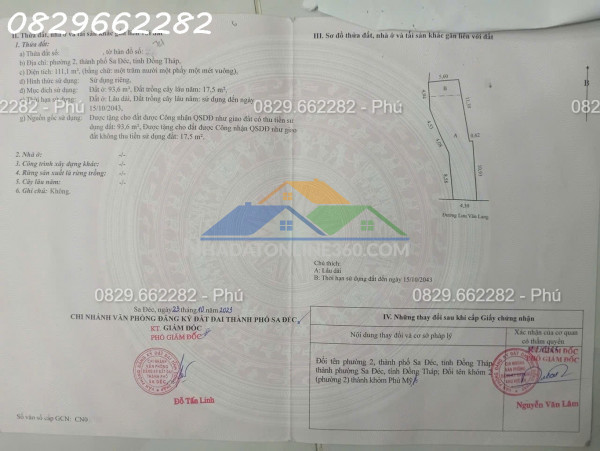 Bán đất tc sổ hồng 691m² mt nguyễn tất thành, p1, sa đéc, đtháp. hướng tn. giá 20 tỷ. lh 0829662282