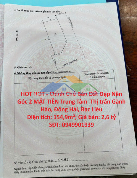 Hot hot - chính chủ bán đất đẹp nền góc 2 mặt tiền trung tâm xã gành hào – 154,9m² – sổ hồng riêng – giá tốt đầu tư