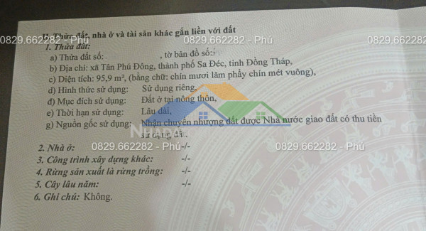 Bán đất thổ cư 96m2 sổ hồng kdc tân dương - noxh . đồng tháp. giá chỉ 960tr.