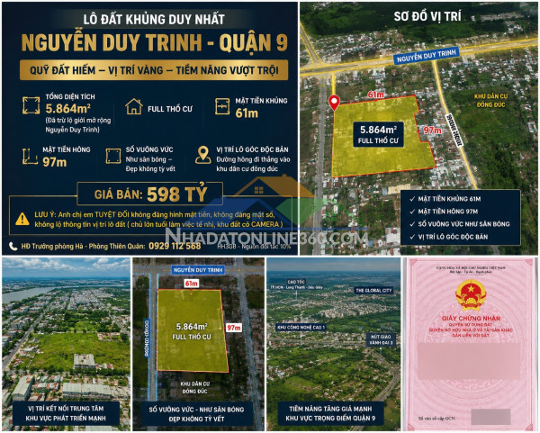 Bán gấp đất lô góc mt nguyễn duy trinh- long trường q9- 5864m2 ful tc -chỉ 598 tỷ