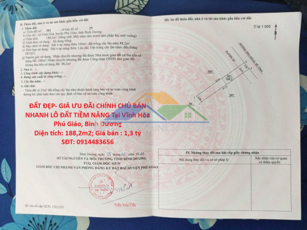 Đất đẹp- giá ưu đãi chính chủ bán nhanh lô đất tiềm năng tại vĩnh hòa phú giáo, bình dương