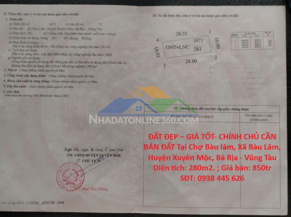 Đất đẹp – giá tốt- chính chủ cần bán đất tại chợ bàu lâm, xã bàu lâm, huyện xuyên mộc, bà rịa - vũng tàu