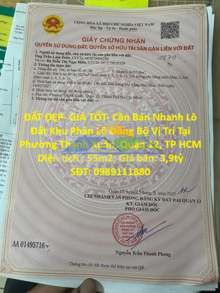 Đất đẹp- giá tốt- cần bán nhanh lô đất khu phân lô đồng bộ vị trí tại quận 12, tp hcm