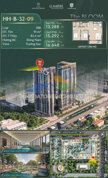 Căn 2pn 91m² hướng đông nam view trường học  giá từ 13.xxx