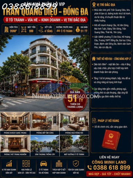 Bán nhà phân lô vip trần quang diệu - đống đa - ô tô tránh - vỉa hè - kinh doanh - 99m² - mt 10m - giá 51 tỷ