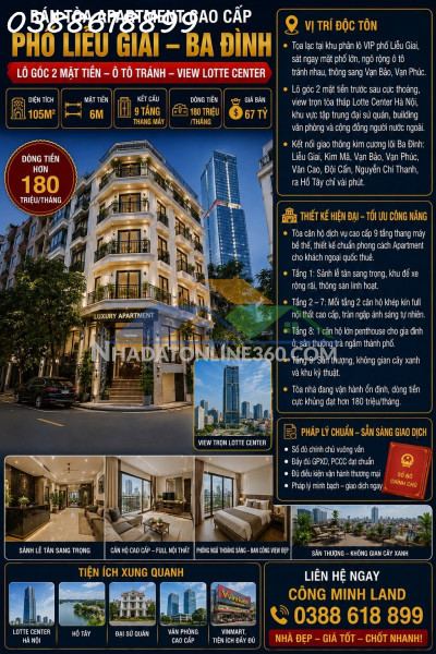 Bán tòa apartment liễu giai - ba đình -  ô tô tránh - 9 tầng thang máy -dt 180 triệu/tháng - 105m² -  67 tỷ