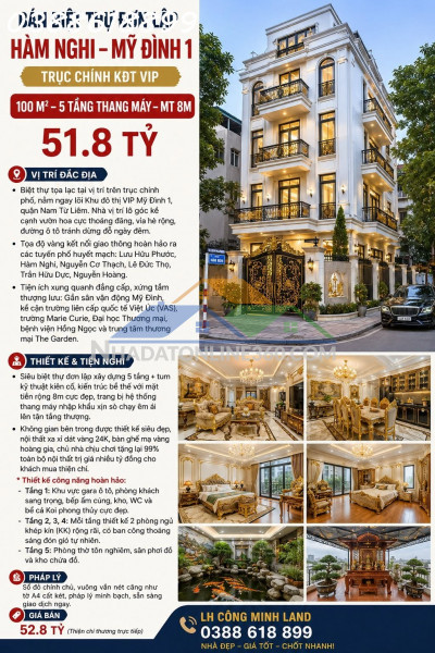 Bán bt đơn lập hàm nghi - mỹ đình 1 - trục chính kđt vip - 100 m² - 5 tầng thang máy - mt 8m - giá 51.8 tỷ