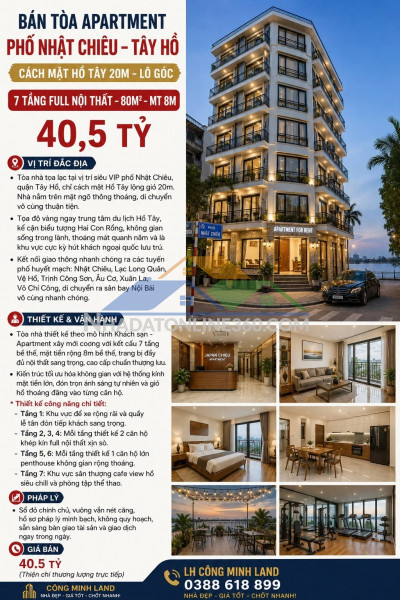 Bán tòa apartment phố nhật chiêu - tây hồ - cách mặt hồ tây 20m - lô góc -7 tầng full nội thất - 80m² - mt 8m - giá 40,5 tỷ