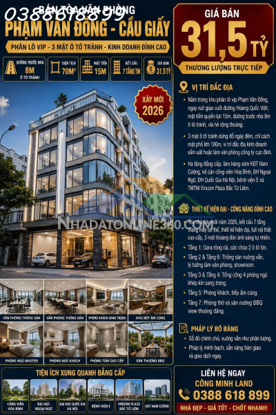 Bán tòa vp phạm văn đồng - cầu giấy - phân lô 3 mặt ô tô tránh - 7 tầng tm - 70m2 - mt 15m - giá 31.5 tỷ