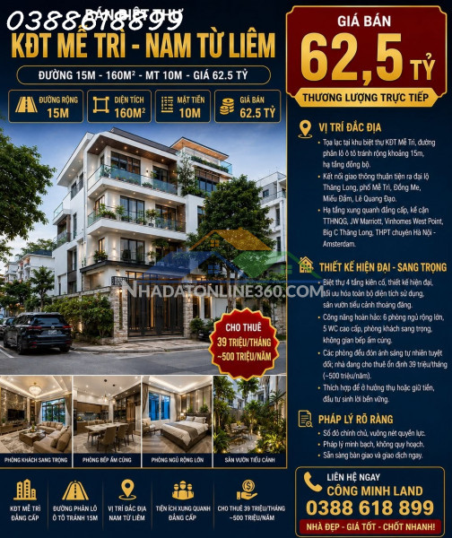 Bán biệt thự kđt mễ trì - nam từ liêm - đường 15m - 160m2 - mt...
