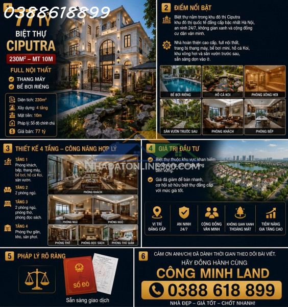 Biệt thự ciputra 230m² – mt 10m - full nội thất – thang máy –...