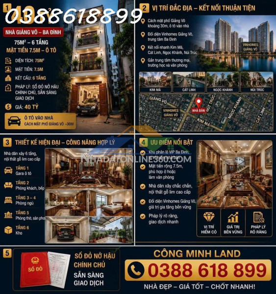 Bán nhà phân lô giảng võ - ba đình - 75m² - 6 tầng - mặt tiền 7.5m - ô tô - 40 tỷ