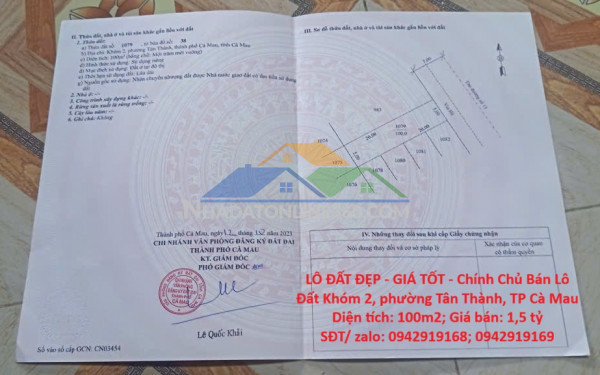 Lô đất đẹp - giá tốt - chính chủ bán lô đất khóm 2, phường tân thành, tp cà mau