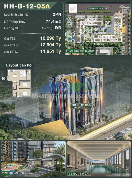 Căn hộ 2pn view trường học đông nam  91m²  lumière hanoi seasons...