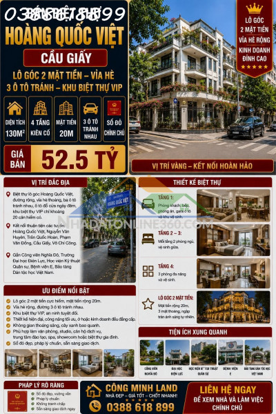Bán biệt thự hoàng quốc việt - cầu giấy - lô góc 2 mặt tiền, vỉa hè, 3 ô tô tránh - 130m2 - 4 tầng - mt 20m - 52.5 tỷ