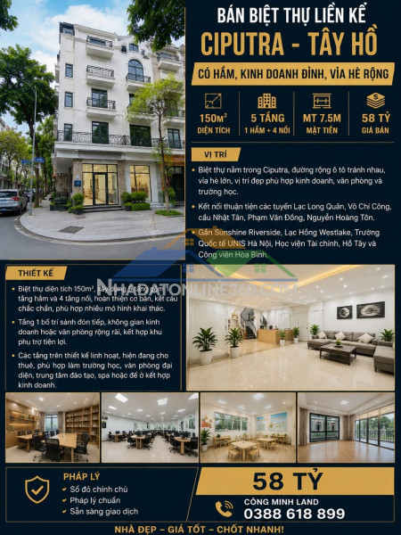 Bán biệt thự liền kề ciputra - tây hồ - có hầm, kinh doanh đỉnh, vỉa hè rộng - 150m2 - 5 tầng - mt 7.5m - 58 tỷ
