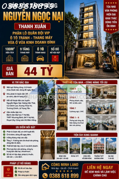 Bán tòa vp nguyễn ngọc nại - thanh xuân - phân lô quân đội, ô tô tránh, thang máy - 100m2 - 9 tầng - 44 tỷ