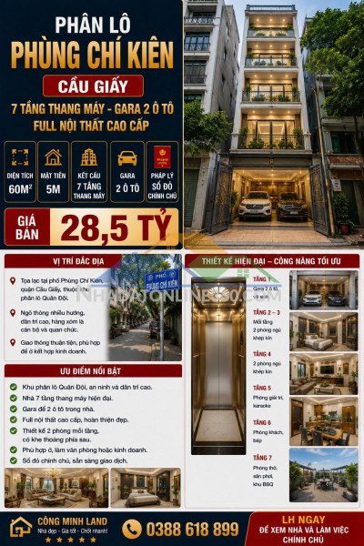 Phân lô phùng chí kiên - cầu giấy 60m² - 7 tầng thang máy - gara 2 ô tô - full nội thất - giá 28,5 tỷ