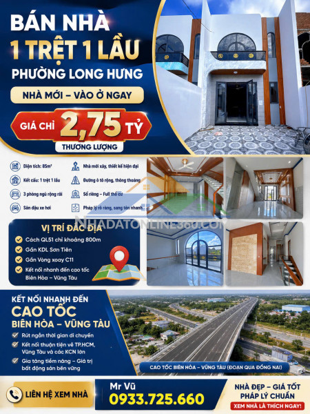 BÁN NHÀ MỚI 1 TRỆT 1 LẦU – PHƯỜNG LONG HƯNG, BIÊN HÒA  Giá...
