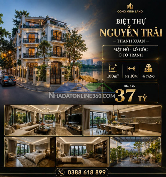 Bán biệt thự nguyễn trãi - thanh xuân - mặt hồ - lô góc - ô tô tránh - 100m2 - 4 tầng - mt 10m - 37 tỷ