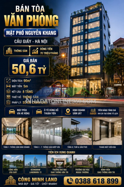 Bán tòa vp mặt phố nguyễn khang - cầu giấy - dt 70 tr/th - 90m² - 8 tầng - mt 5m - 50,6 tỷ