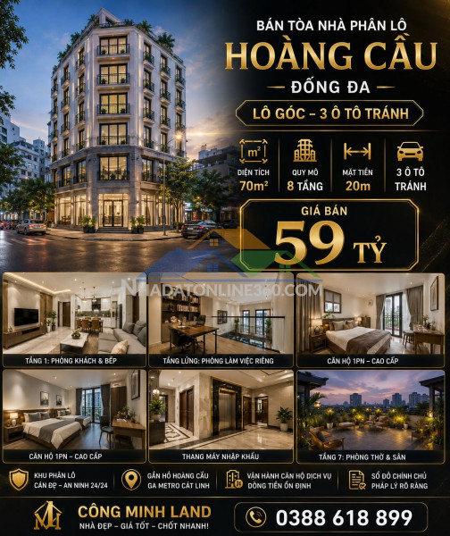 Bán tòa nhà phân lô hoàng cầu - đống đa - lô góc - 3 ô tô tránh - 70m2 - 8 tầng - mt 20m - 59 tỷ