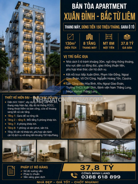 Bán tòa apartment xuân đỉnh  - dt 150 tr/th, gara ô tô - 130m2 - 8 tầng - mt 8m - 37.8 tỷ