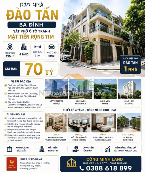 Bán nhà đào tấn - ba đình - sát phố ô tô tránh - mt 11m - 130m² - 4 tầng - mt 11m - 70 tỷ