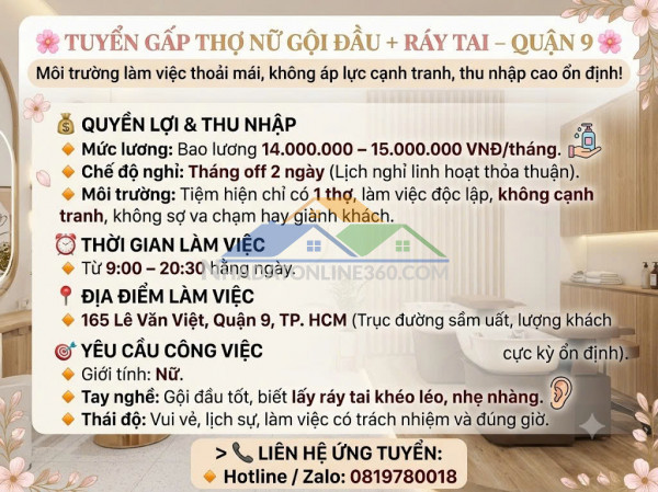 Tuyển gấp thợ nữ gội đầu + ráy tai – quận 9 môi trường...