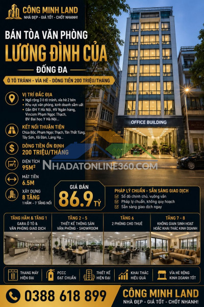 Bán tòa vp lương đình của - đống đa - ô tô tránh - vỉa hè - dt 200 tr/th - 95m2 - 8 tầng - mt 6.5m - 86.9 tỷ