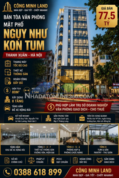 Bán tòa vp mặt phố ngụy như kon tum - thanh xuân - 80m2 - 8 tầng - mt 7.5m - 77.5 tỷ