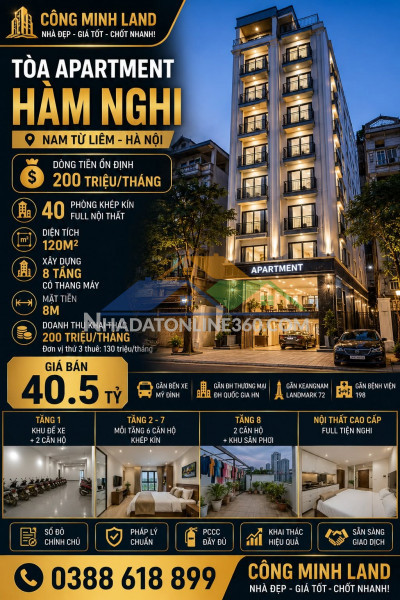 Bán tòa apartment hàm nghi - nam từ liêm - 40 phòng - dt 200 tr/th - 120m2 - 8 tầng - mt 8m - 40.5 tỷ