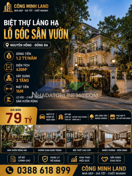 Bán biệt thự láng hạ - đống đa - lô góc - ô tô - 430 m2 - mt 16m - xây building 9 tầng kd đỉnh - 79 tỷ
