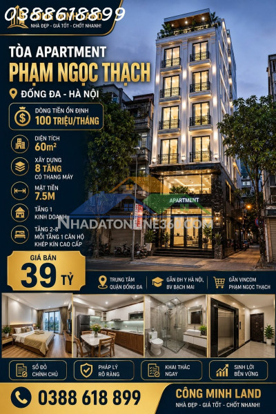 Bán tòa apartment phạm ngọc thạch - đống đa - dt 100 tr/th - 60m2 - 8 tầng - mt 7.5m - 39 tỷ