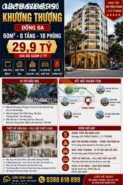 Bán tòa nhà mặt phố khương thượng - đống đa - 60m² - 8 tầng - 18 phòng - 29,9 tỷ