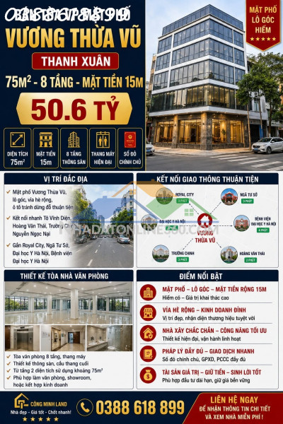 Bán tòa vp mặt phố vương thừa vũ - thanh xuân - 75m² - 8 tầng - mặt tiền 15m - 50.6 tỷ