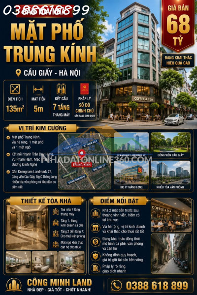 Bán tòa nhà mặt phố trung kính - cầu giấy - 135m² - 7 tầng thang máy - mặt tiền 5m - 68 tỷ