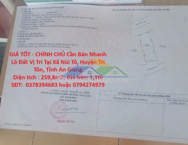 Giá tốt - chính chủ cần bán nhanh lô đất vị trí tại xã núi tô, huyện tri tôn, tỉnh an giang