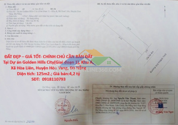 Đất đẹp – giá tốt- chính chủ cần bán đất tại khu a, xã hòa liên, huyện hòa vang, đà nẵng