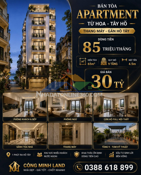 Bán tòa apartment từ hoa - tây hồ - thang máy - gần hồ tây - dòng tiền 85 triệu/tháng - 65m2 - 9 tầng - 30 tỷ