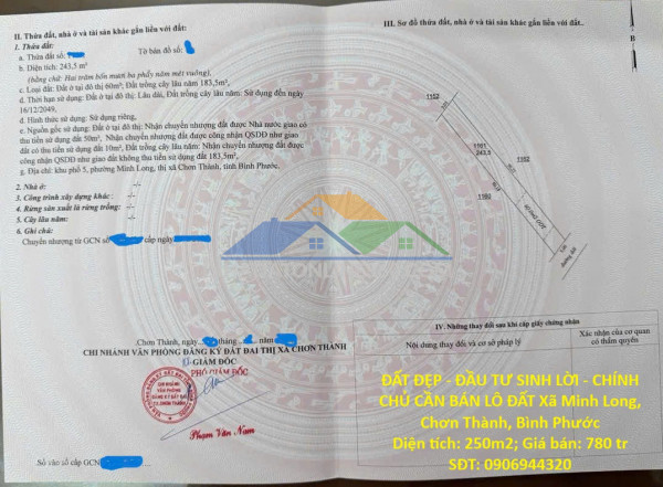 Đất đẹp - đầu tư sinh lời - chính chủ cần bán lô đất xã minh long, chơn thành, bình phước