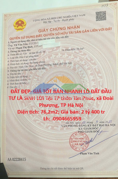 Đất đẹp- giá tốt bán nhanh lô đất đầu tư là sinh lời tại...