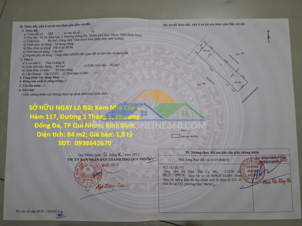 Sở hữu ngay lô đất kèm nhà cấp 4 hẻm 117, đường 1 tháng 5, phường đống đa, tp qui nhơn, bình định
