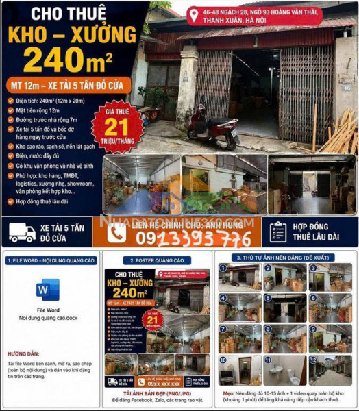 Cho thuê, văn phòng, kho ngõ 93, hoàng văn thái, phường khương...